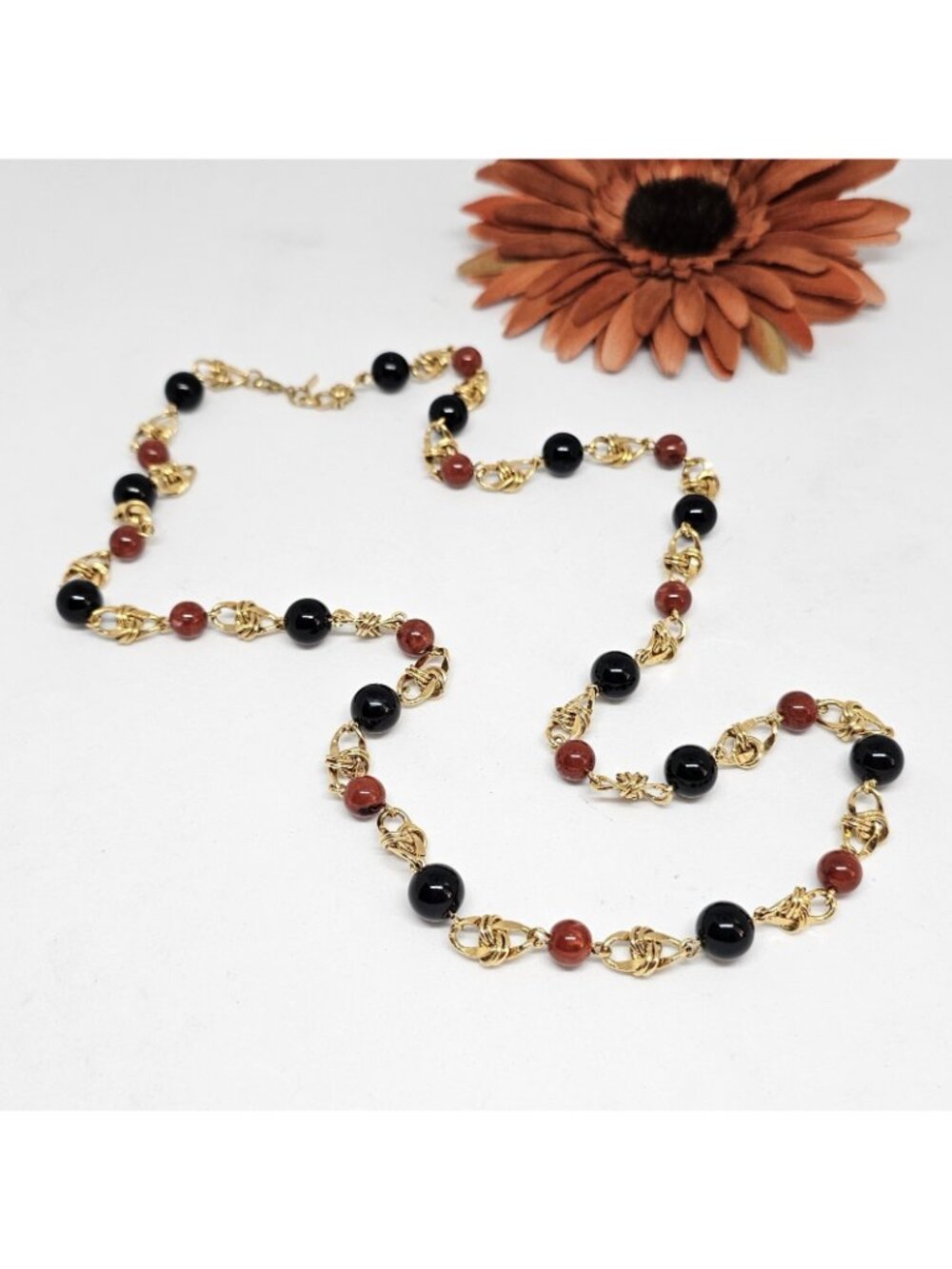 Vintage Monet Red Black Beaded Gold Tone Necklace - 80s/90s Costume Jewelry
